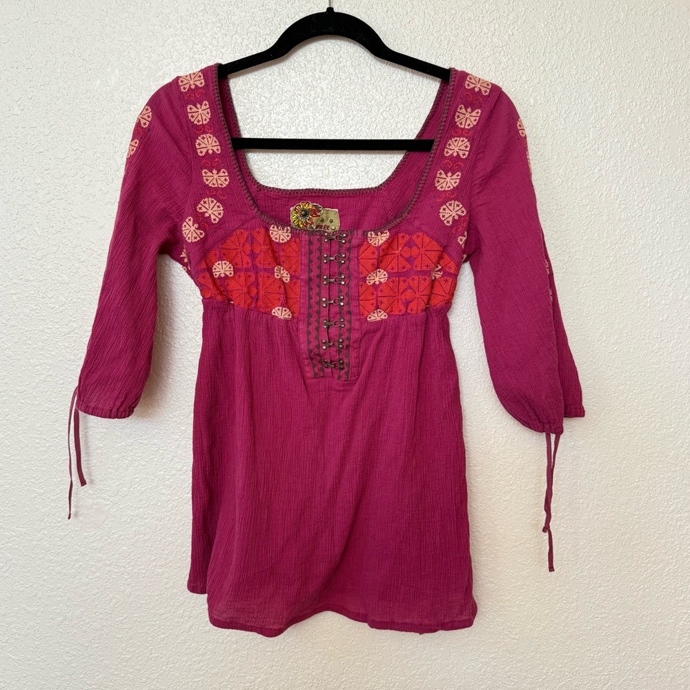 Vintage Free People Berry Pink Square Neck Brushed Cotton Embroidered Top XS